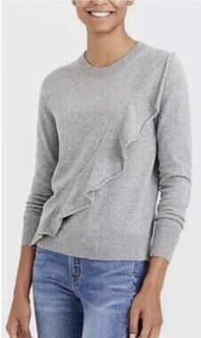 J. Crew Mercantile Gray Wool Blend Asymetrical Ruffle Sweater Size M NEW